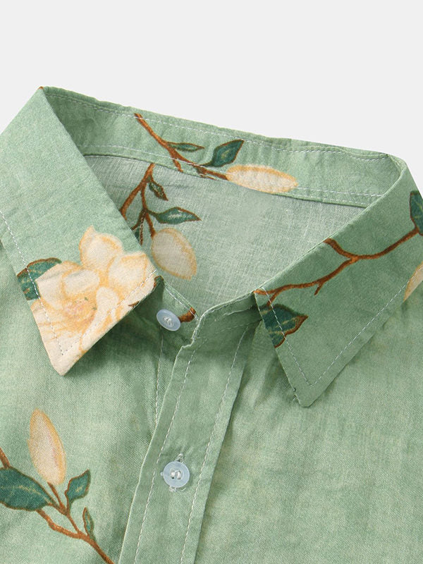 Men's Cotton Linen Printed Short Sleeve Shirt green