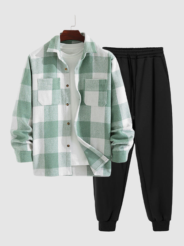 Men's classic plaid Wool Blend long-sleeved shirt and sweatpants two-piece set