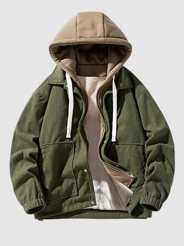 Men's Corduroy Fleece-lined Fake Two-Pocket Hooded Jacket