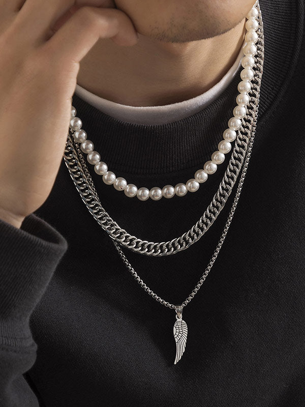 Men's Multi-Layered Pearl Feather Pendant Necklace