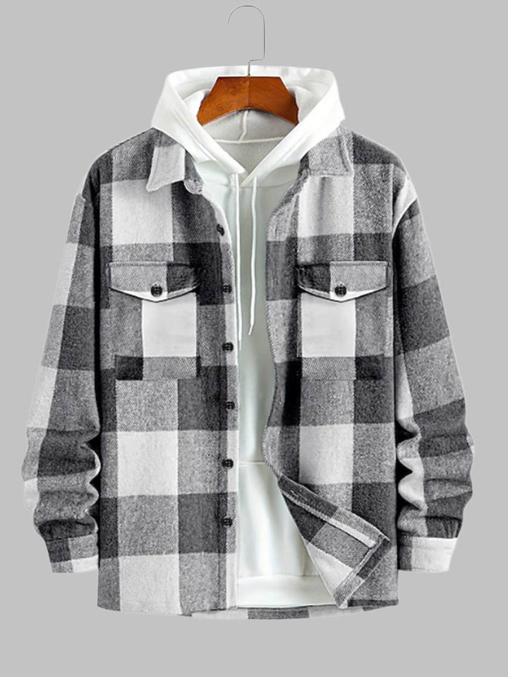 Men's Woolen Plaid Double-Pocket Button Jacket