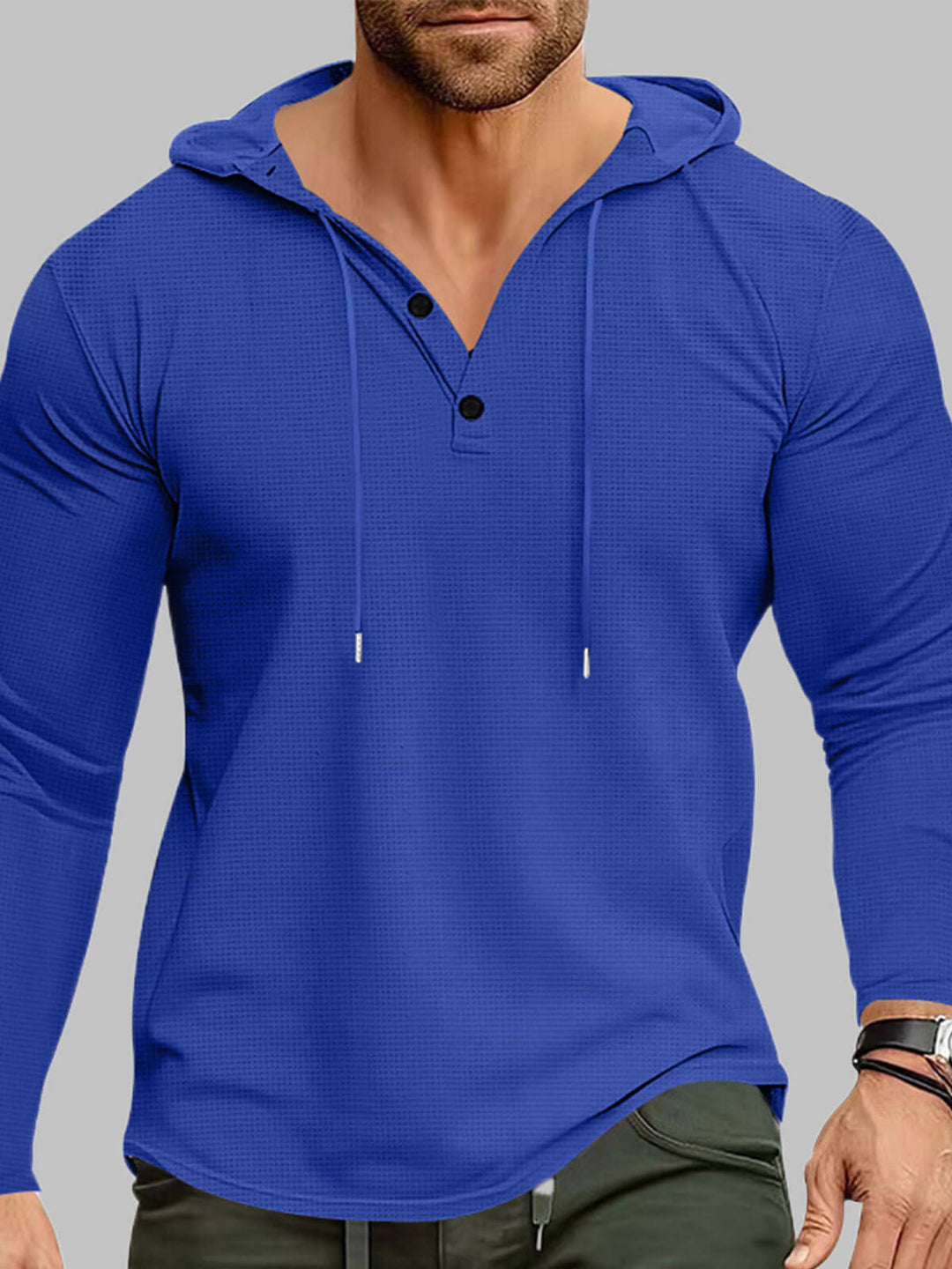 Men's waffle Henry hooded long-sleeved shirts