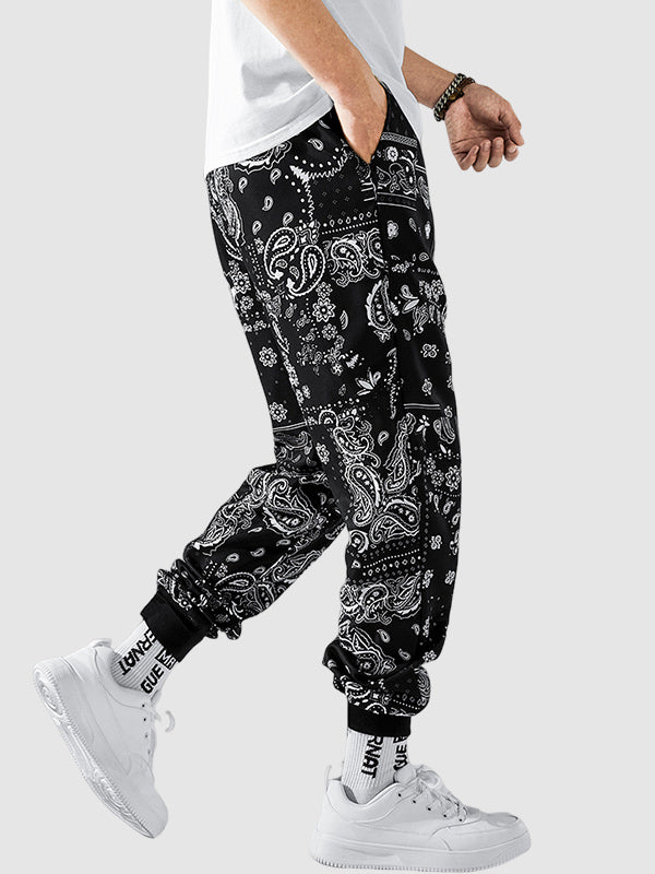 Men's Printed Pattern Elastic Waist Drawstring Casual Pants