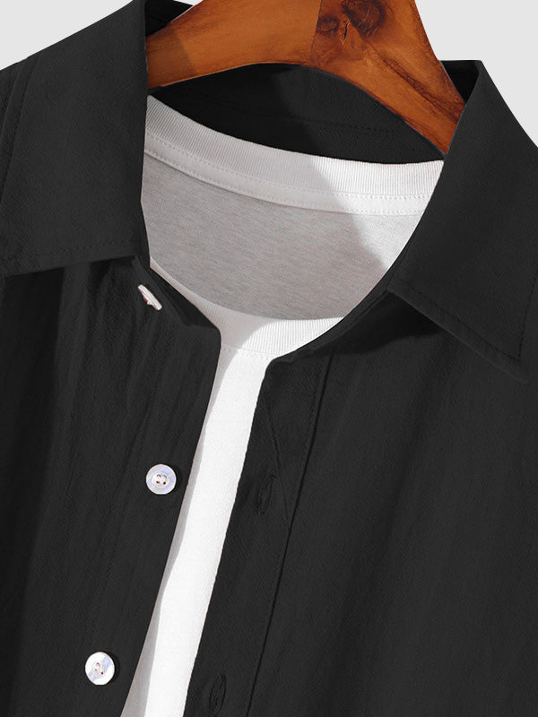 MEN'S COTTON AND LINEN TEXTURED LONG SLEEVES SHIRT BLACK