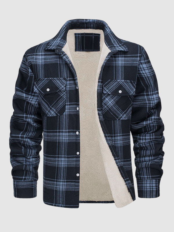 Men's Plaid Fleece-lined  Warm Double Pocket Button Jacket