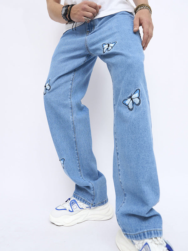 Butterfly embroidered straight-leg jeans