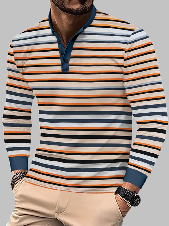 Men's colorful striped casual round neck loose henley long sleeve polo