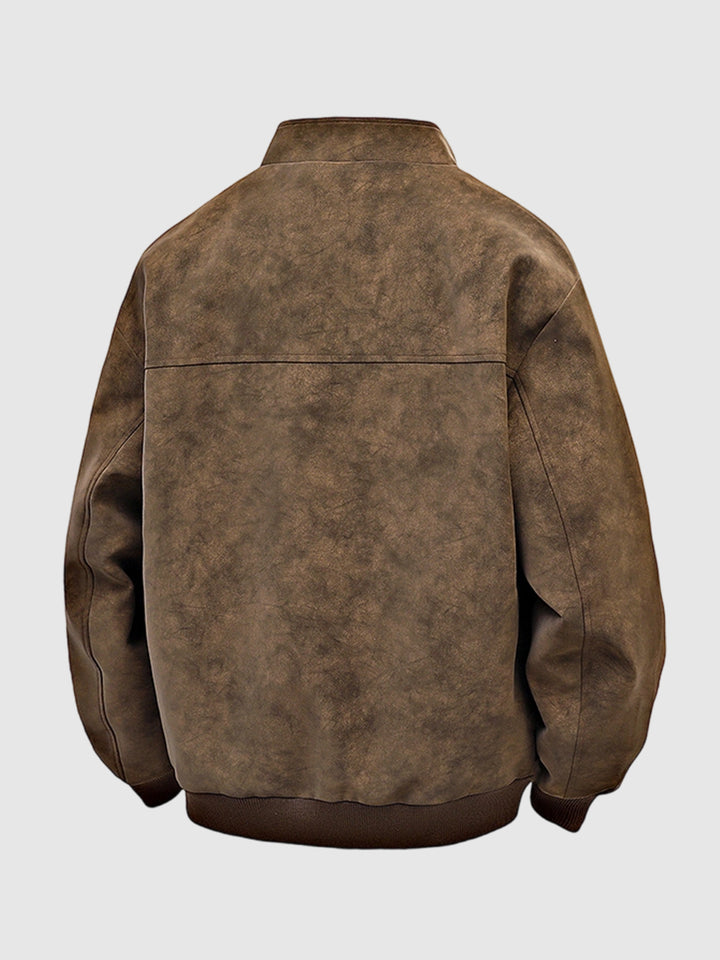 Men's tie-dye PU leather jacket with a stand-up collar and a vintage, loose-fitting casual jacket