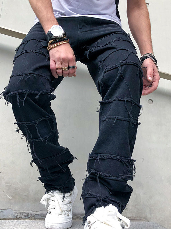 Men's Patched Straight Leg Denim Jeans