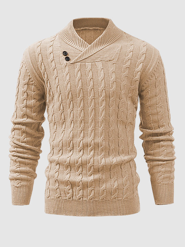 Men's Solid Color Cable-Knit Slim Fit Slant Collar Pullover Sweate