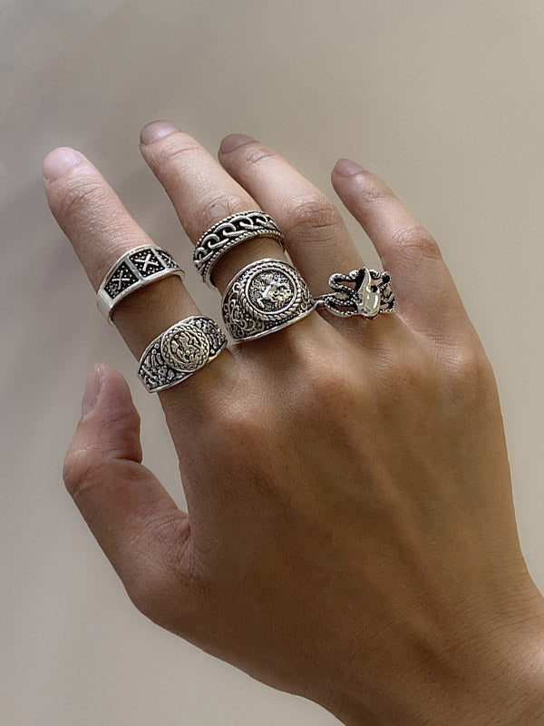 Vintage Embossed Decorative Metal Rings 5Pcs /set