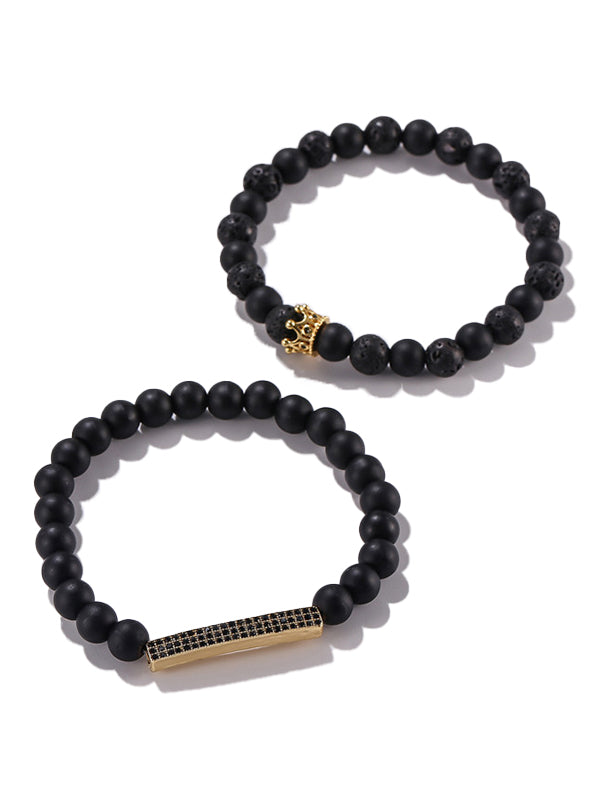 Small Crown Black Frosted Stone Long Bracelets 2Pcs/set