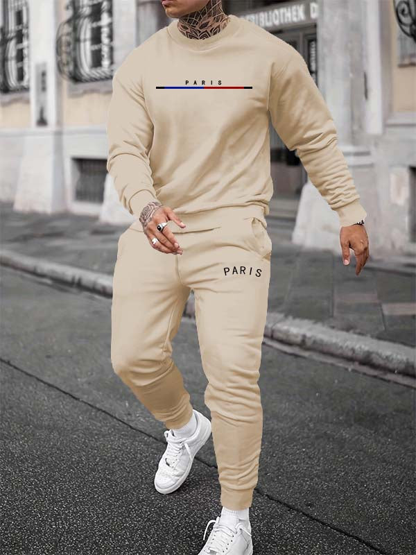 Men's "PARIS" letter print casual sports suit khaki