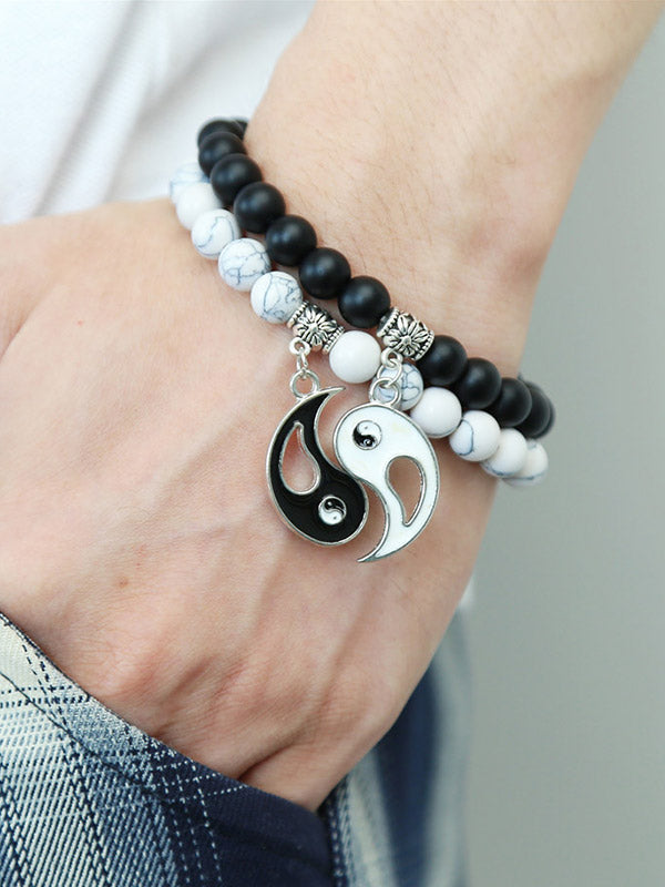 White and black Couple Matte Beaded 2 pcs/Set Bracelet