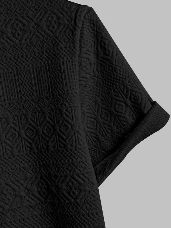 Geometric Vintage Jacquard Lapel Short-Sleeved Polo-Black