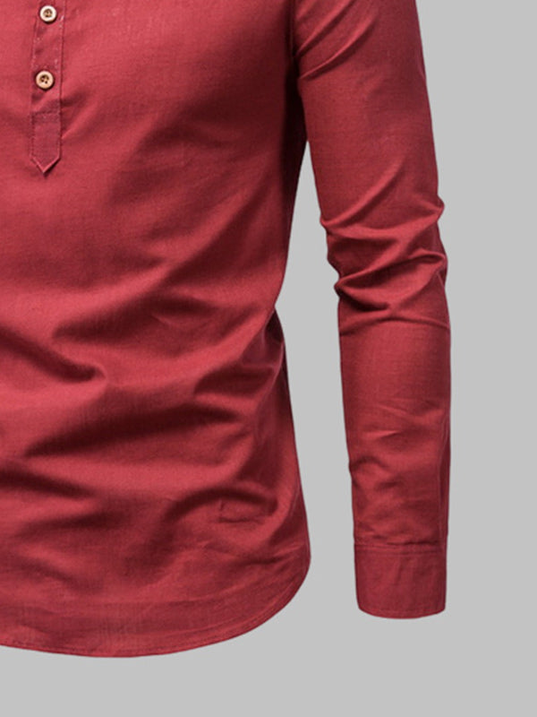 Men's Solid Color Cotton Linen Stand Collar Shirt