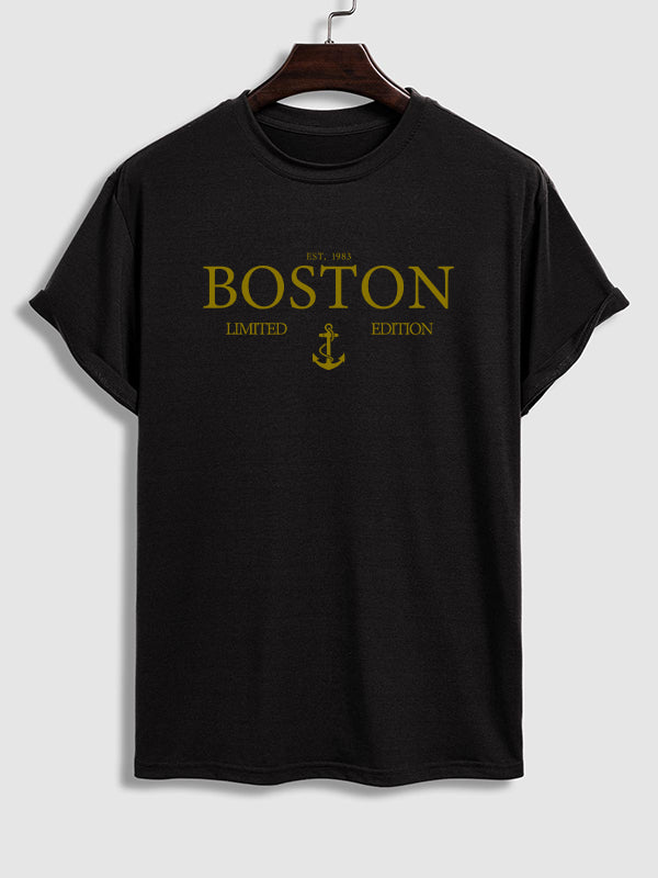 Men's "BOSTON" letter print casual crew neck T-shirt