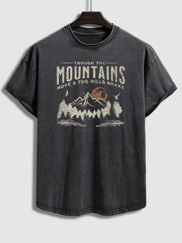 Men's "mountains" letter print retro casual crew neck T-shirt