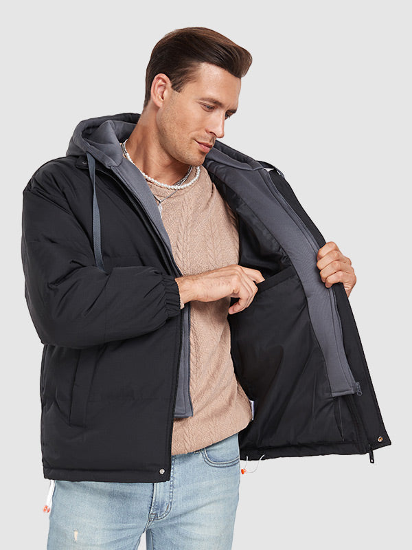 Men's hooded windproof warm fleece thickened fake 2-piece casual cotton puffer jacket