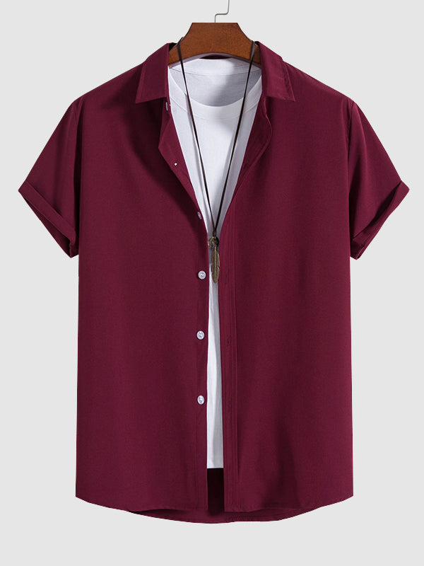 Men's solid color lapel button down casual short sleeve shirt