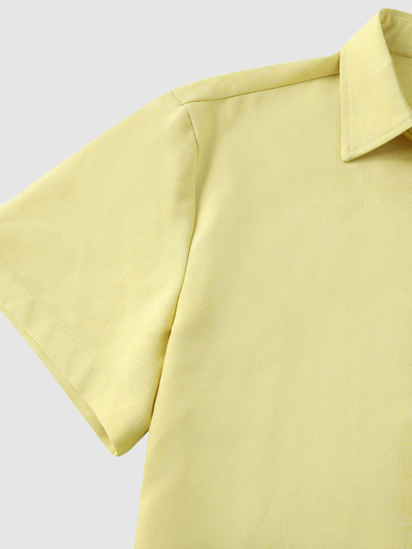 Men's solid color Cotton-linen button casual short-sleeved shirt