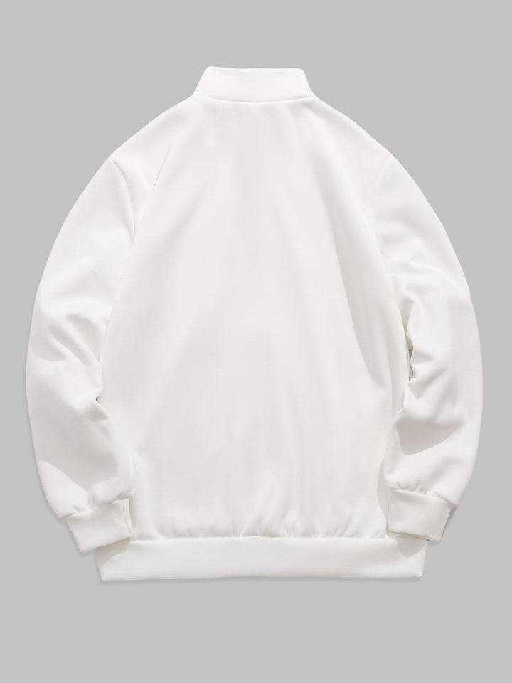 Men's stand collar zipper letter print fleece sweatshirt white