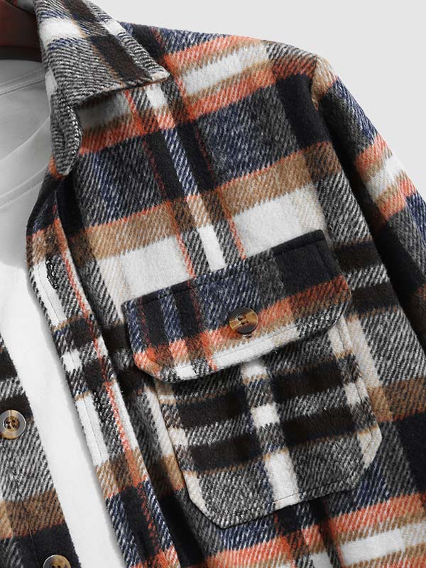 Men's Classic Plaid Wool Blend Button Down Long Sleeve Shirt Jacket