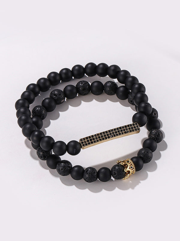 Small Crown Black Frosted Stone Long Bracelets 2Pcs/set