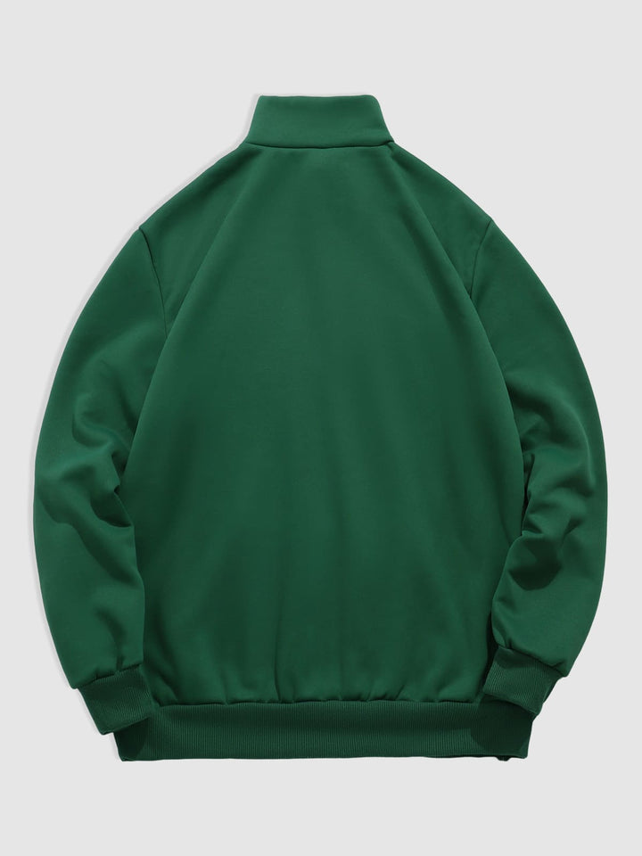 Men's stand collar zipper letter print fleece sweatshirt green