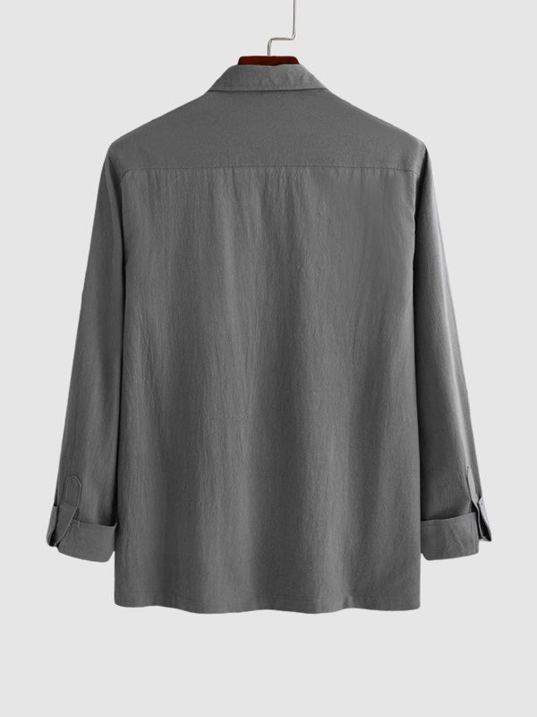 Men's Solid Color Cotton Linen Long Sleeve Casual Shirt grey