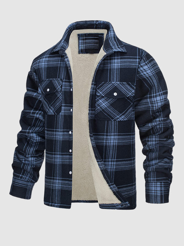 Men's Plaid Fleece-lined  Warm Double Pocket Button Jacket