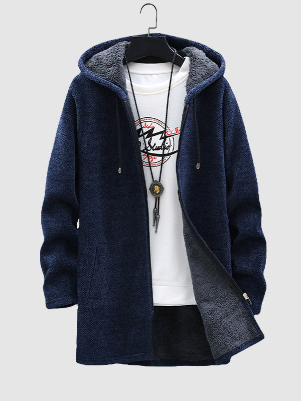 Men's Fleece-lined thickened knitted zipper Long  hooded jacket