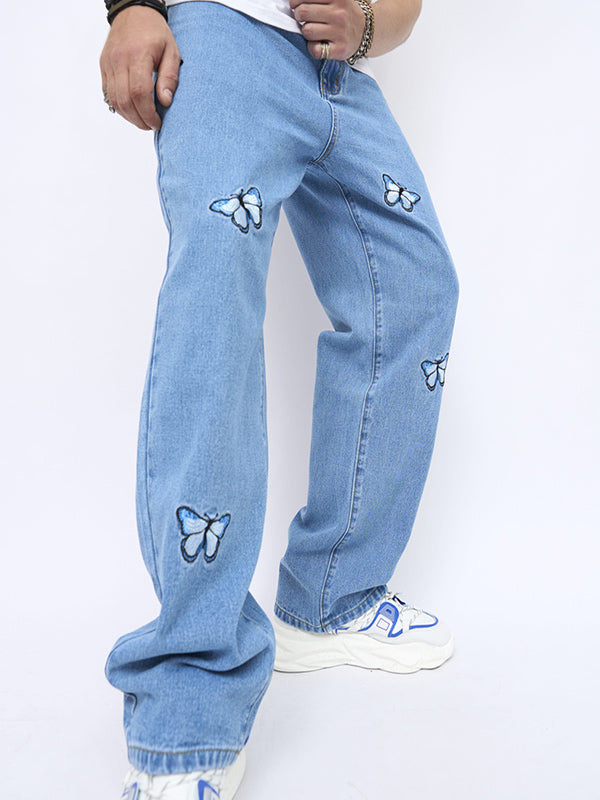 Butterfly embroidered straight-leg jeans