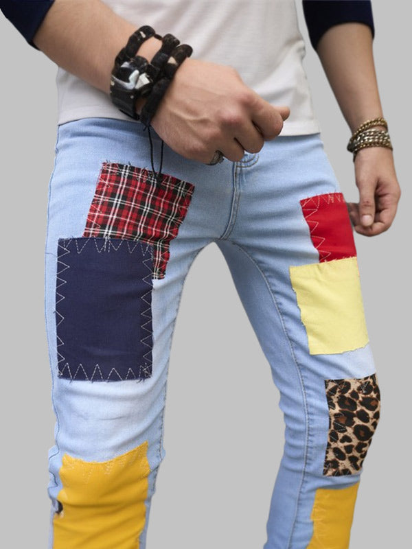 Men's patchwork contrast color versatile zipper jeans