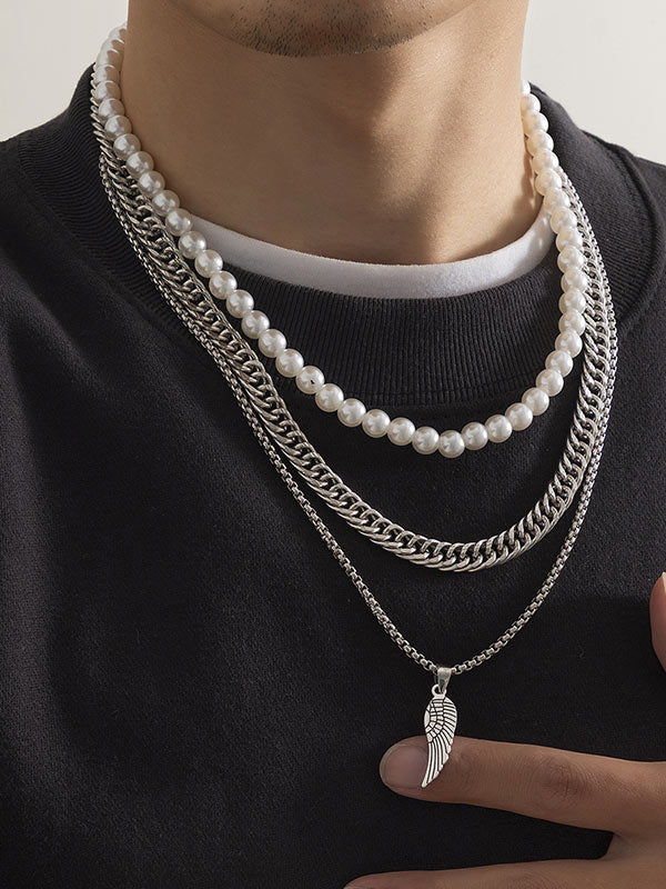 Men's Multi-Layered Pearl Feather Pendant Necklace