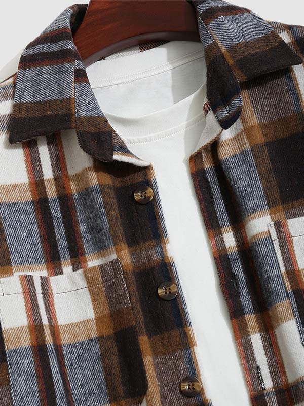 Men's plaid thickened wool blend double pocket lapel shirt jacket