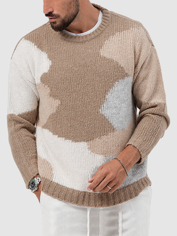 Men's Contrast Color Casual Jacquard Pullover Thick Knit Sweater