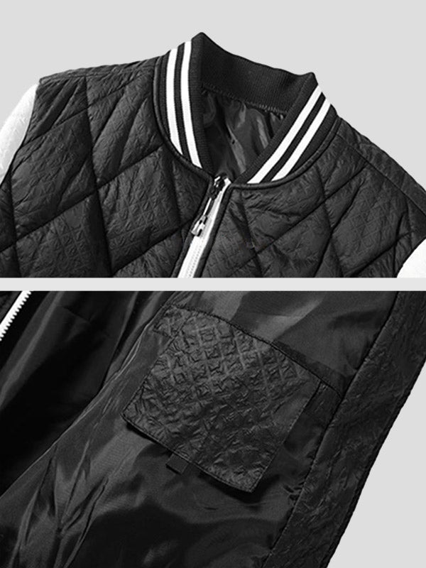 Men's Patchwork Diamond Check Jacquard Stand Collar Puffer Padded Coat