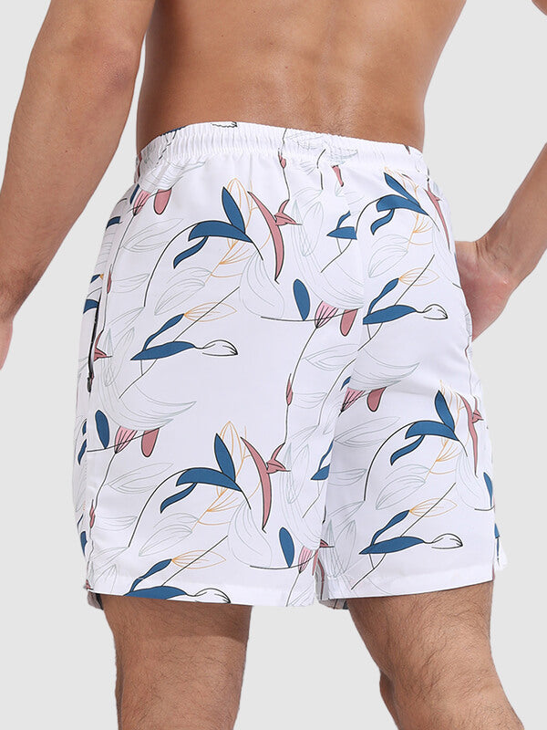 Men's Bamboo Leaf Print Double-Layer Sport Swim Trunks with Pockets