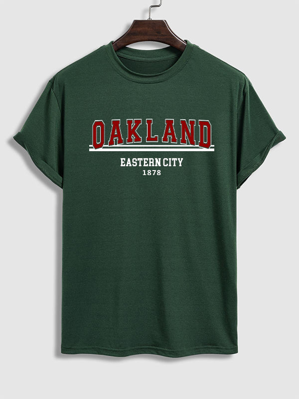 Men's "OAKLAND" letter print casual crew neck short sleeve T-shirt