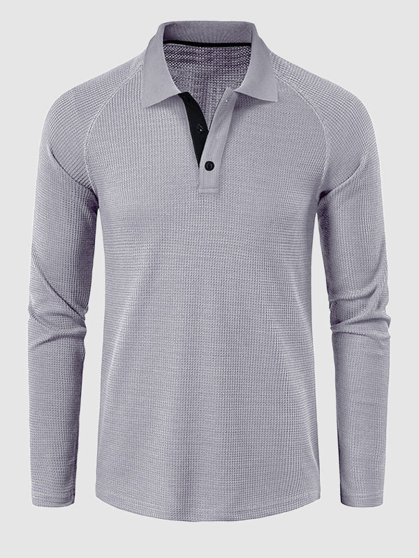 Men's lapel half-button waffle long-sleeved Polo