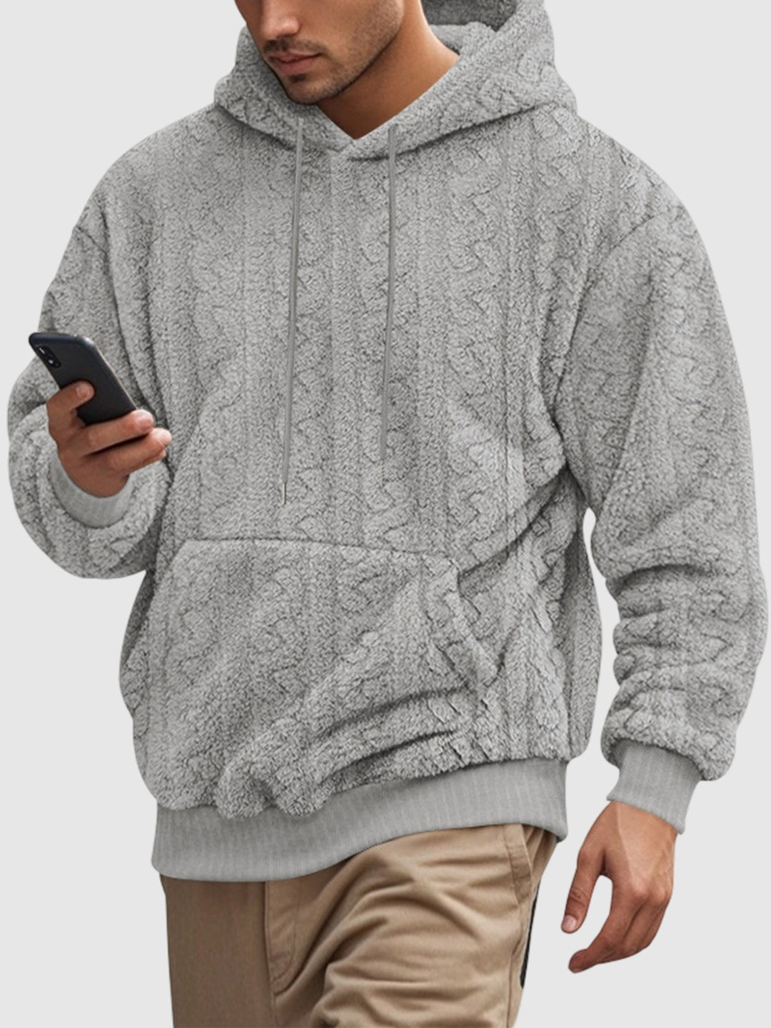 Men's Hooded Jacquard Teddy Fleece Sports Casual Sweatshirt