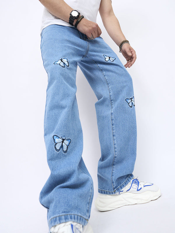 Butterfly embroidered straight-leg jeans