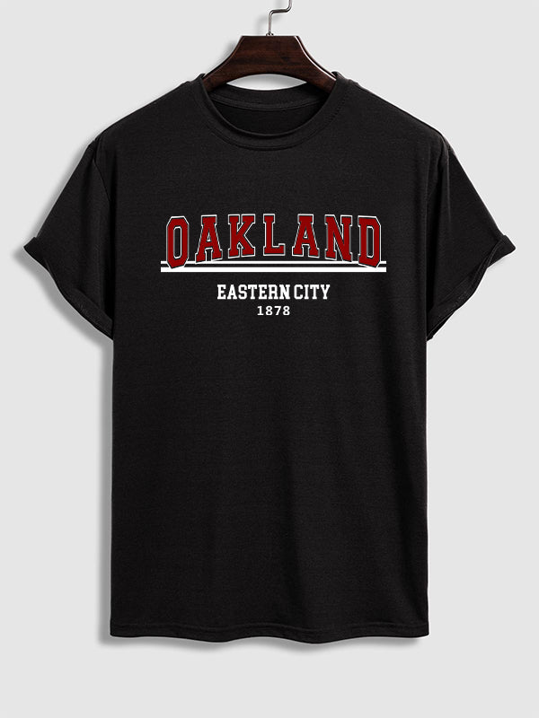 Men's "OAKLAND" letter print casual crew neck short sleeve T-shirt