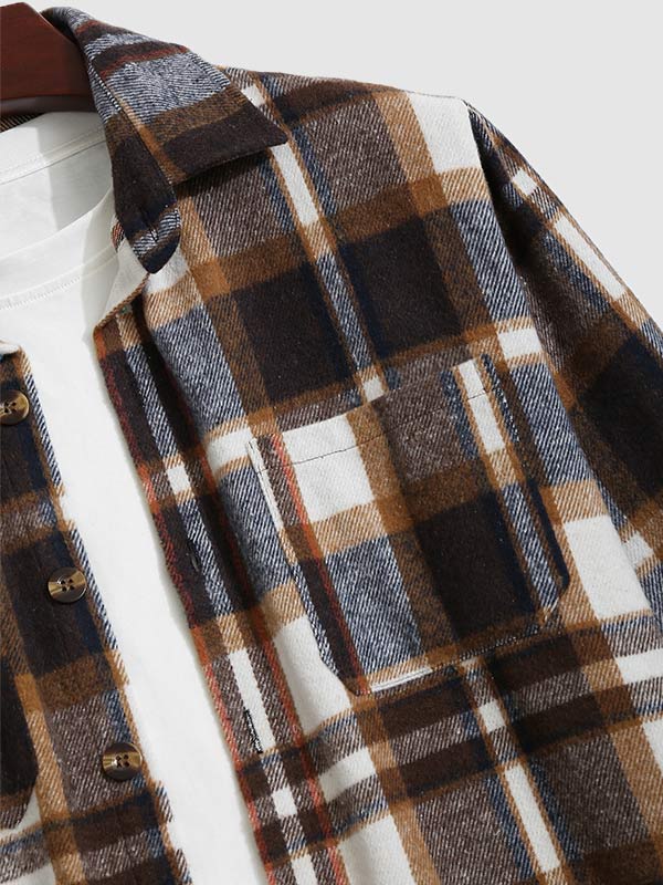 Men's plaid thickened wool blend double pocket lapel shirt jacket