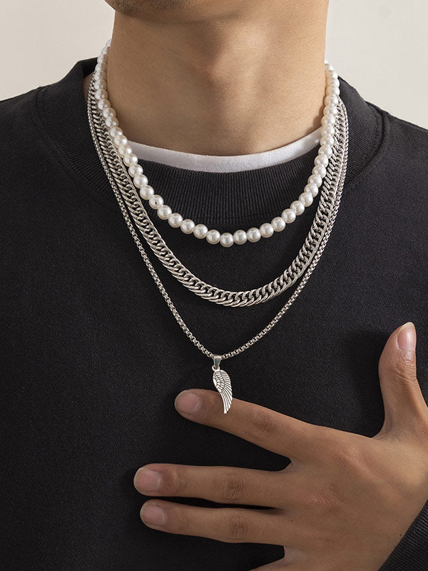 Men's Multi-Layered Pearl Feather Pendant Necklace