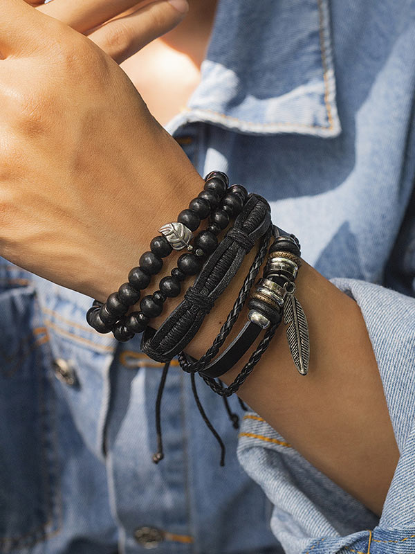 Men's Vintage Leaf Leather Braided Bracelet