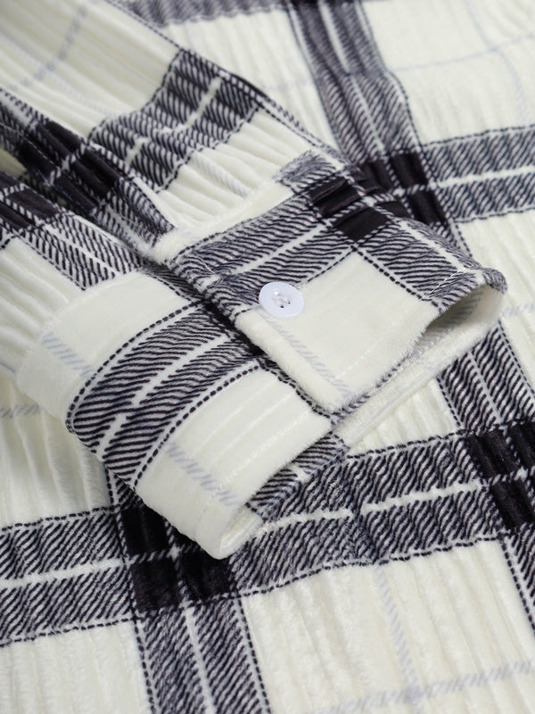 Men's Pleated Plush Plaid Long Sleeve Shirt