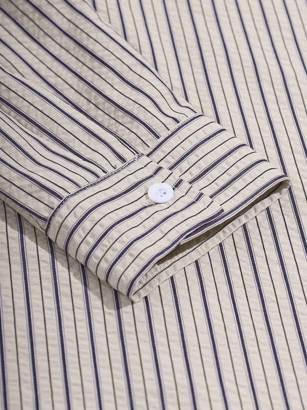 Men's pleated textured striped button casual long-sleeved shirt