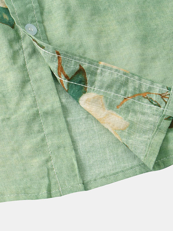 Men's Cotton Linen Printed Short Sleeve Shirt green